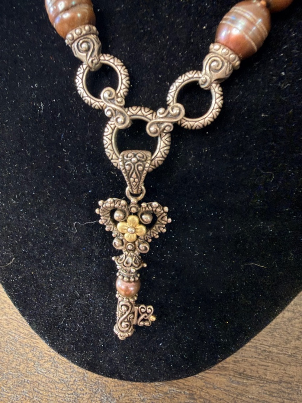 Pearl and Sterling Silver Skeleton Key Necklace - Picture 2 of 7